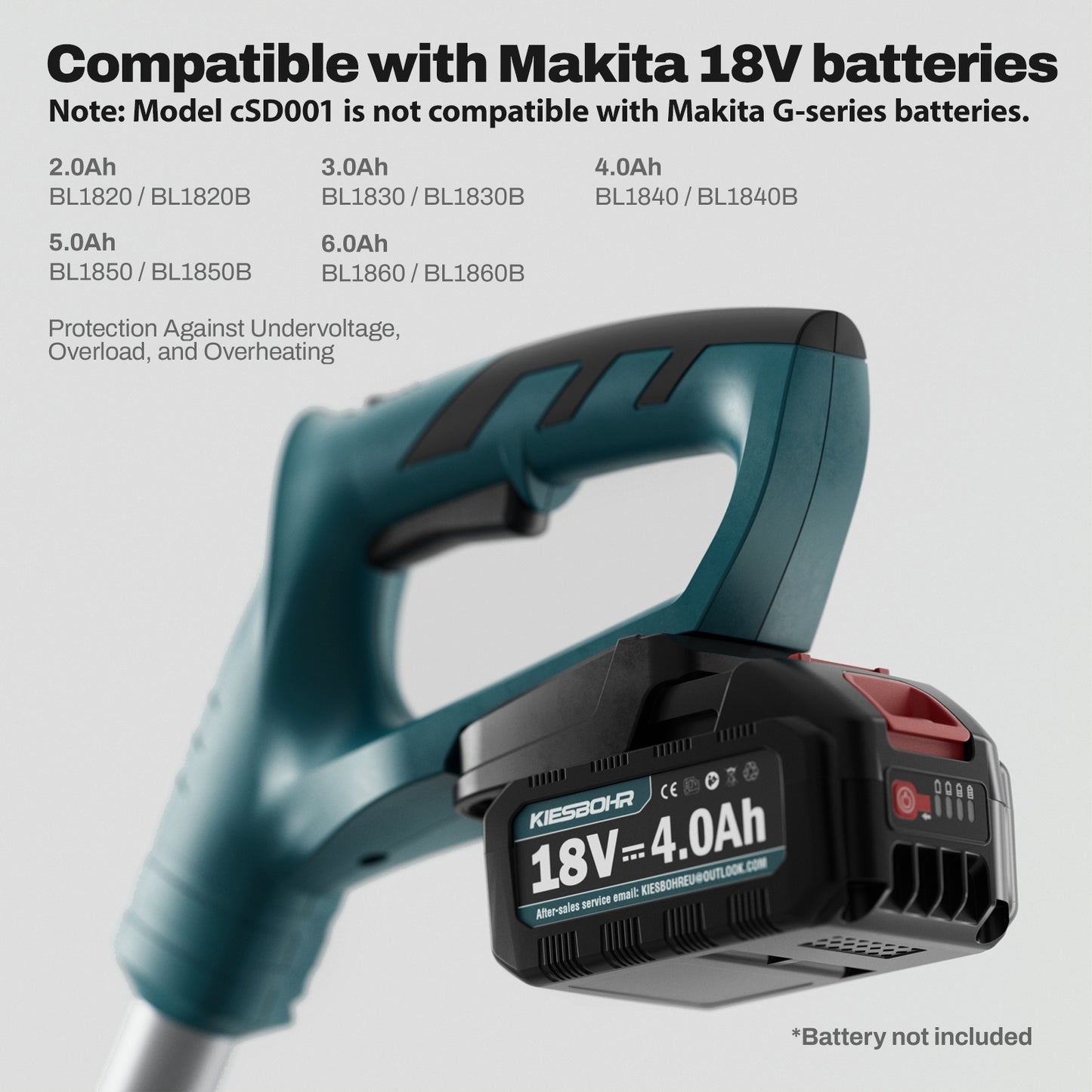 Compatible with Makita 18V batteries, Protection Against Undervoltage, Overload, and Overheating, Battery not included.