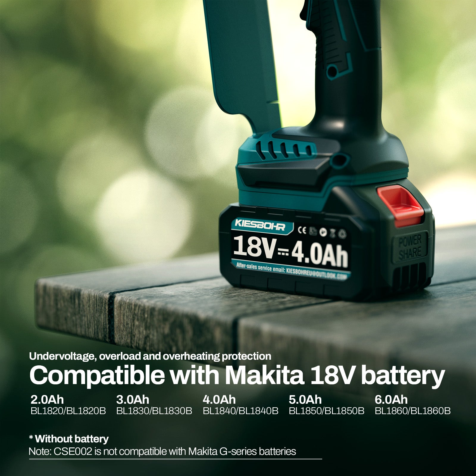 Undervoltage, overload and overheating protection, Compatible with Makita 18V battery.