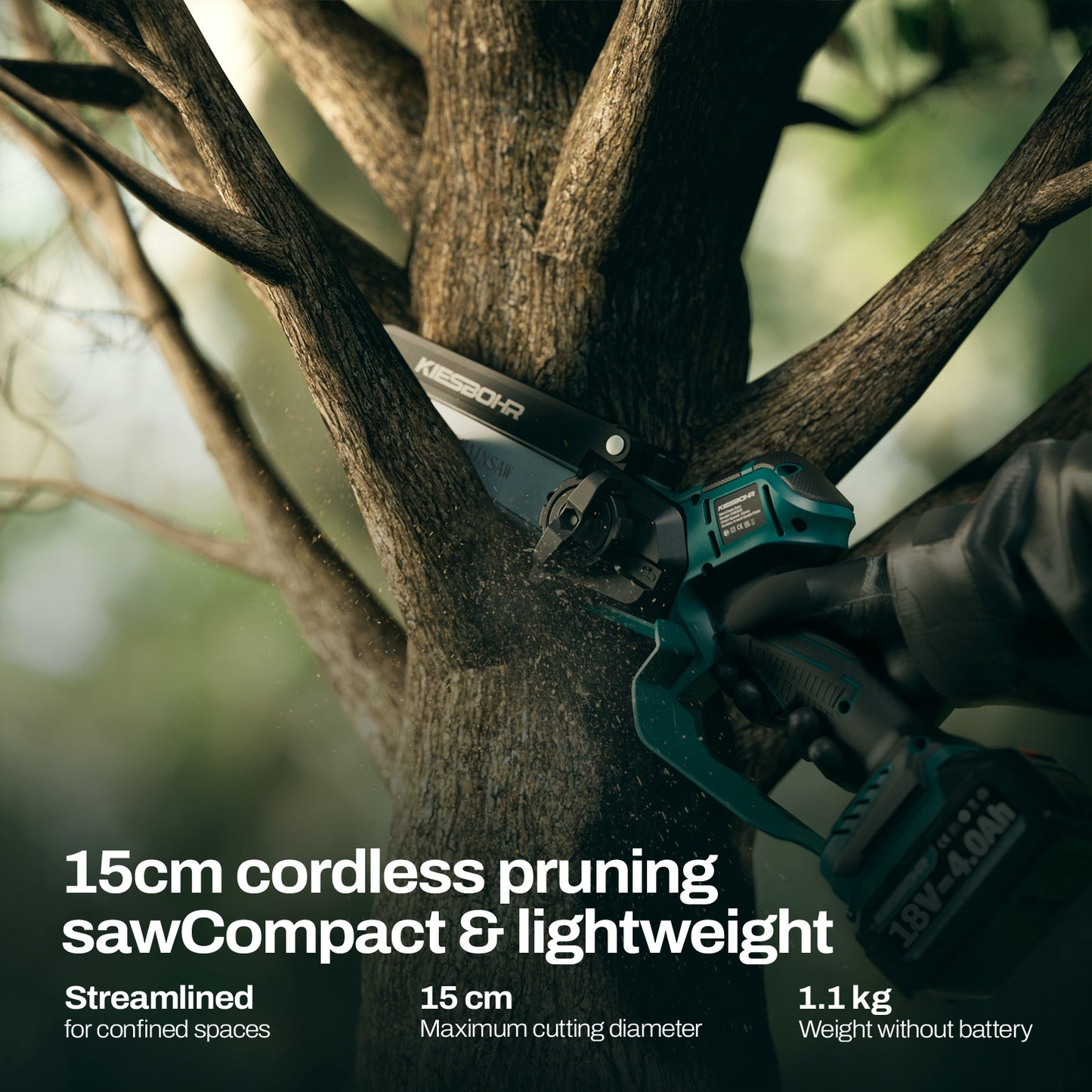 15cm cordless pruning saw Compact & lightweight, Streamlined, for confined spaces, Maximum cutting diameter.