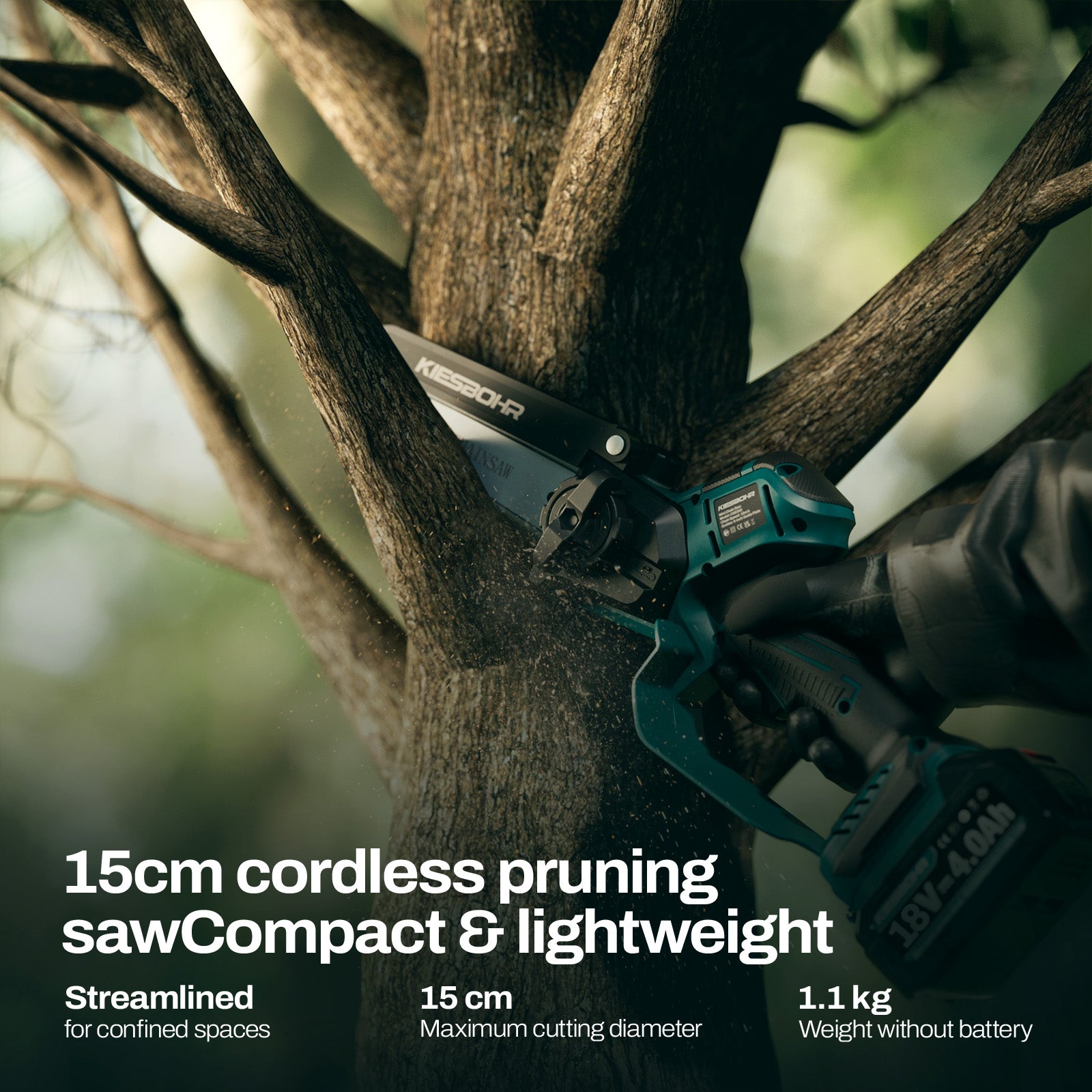 15cm cordless pruning saw Compact & lightweight, Streamlined, for confined spaces, Maximum cutting diameter.