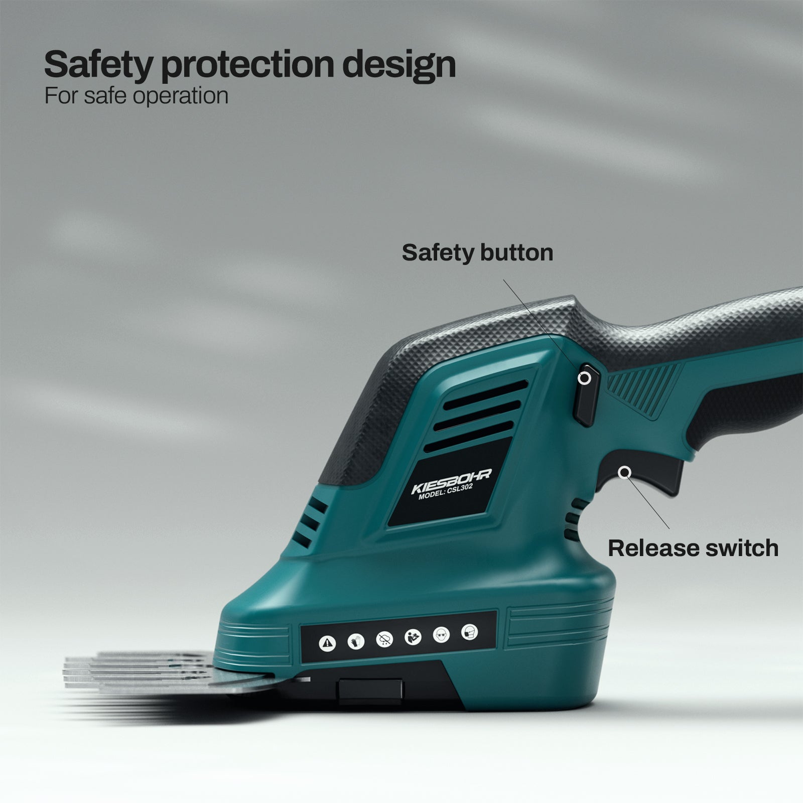 Mini chainsaw with safety button and release switch for secure operation.