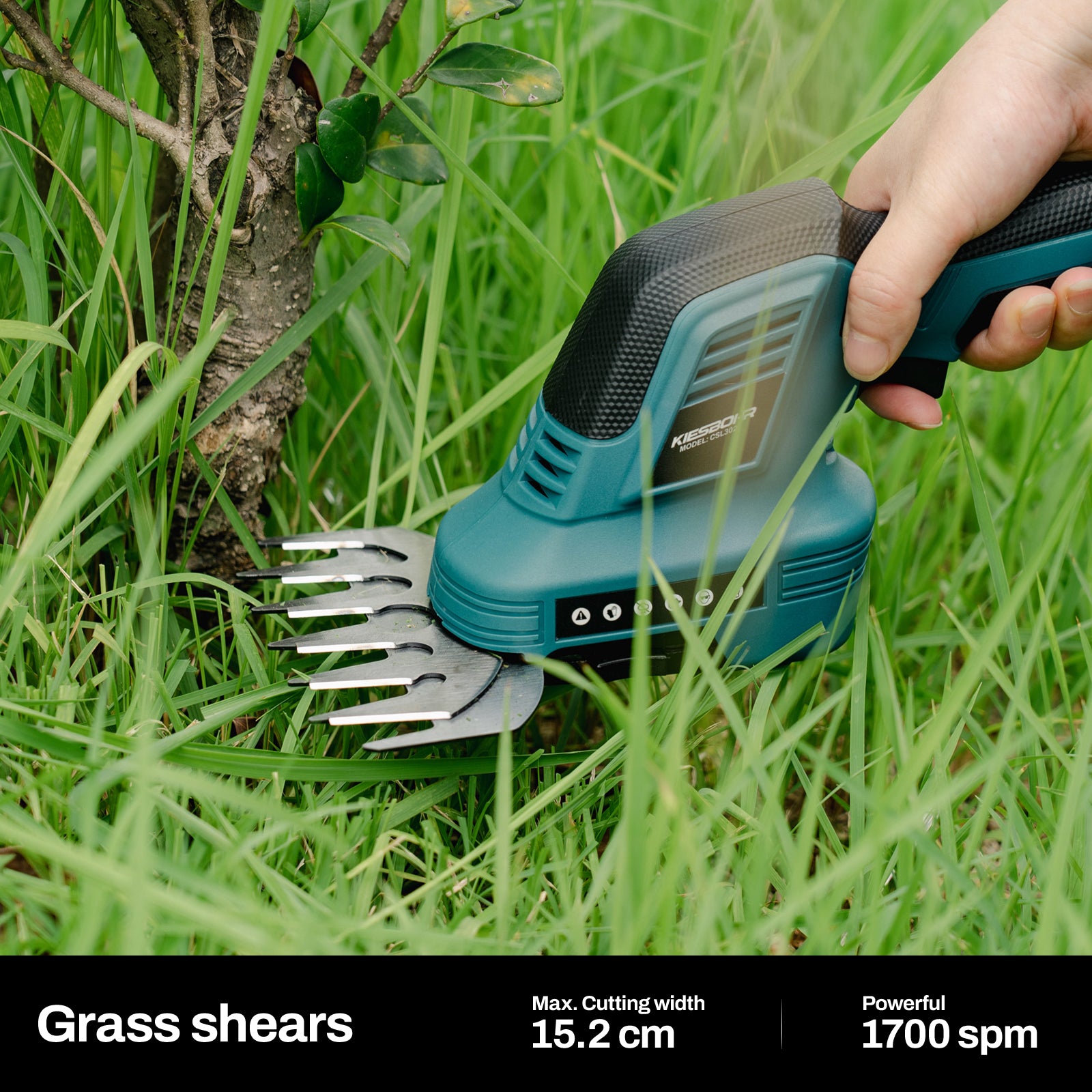 KIESBOHR 2-in-1 cordless hedge and grass trimmer featuring 15.2cm max cutting width and 1700 spm  high-efficiency trimming.
