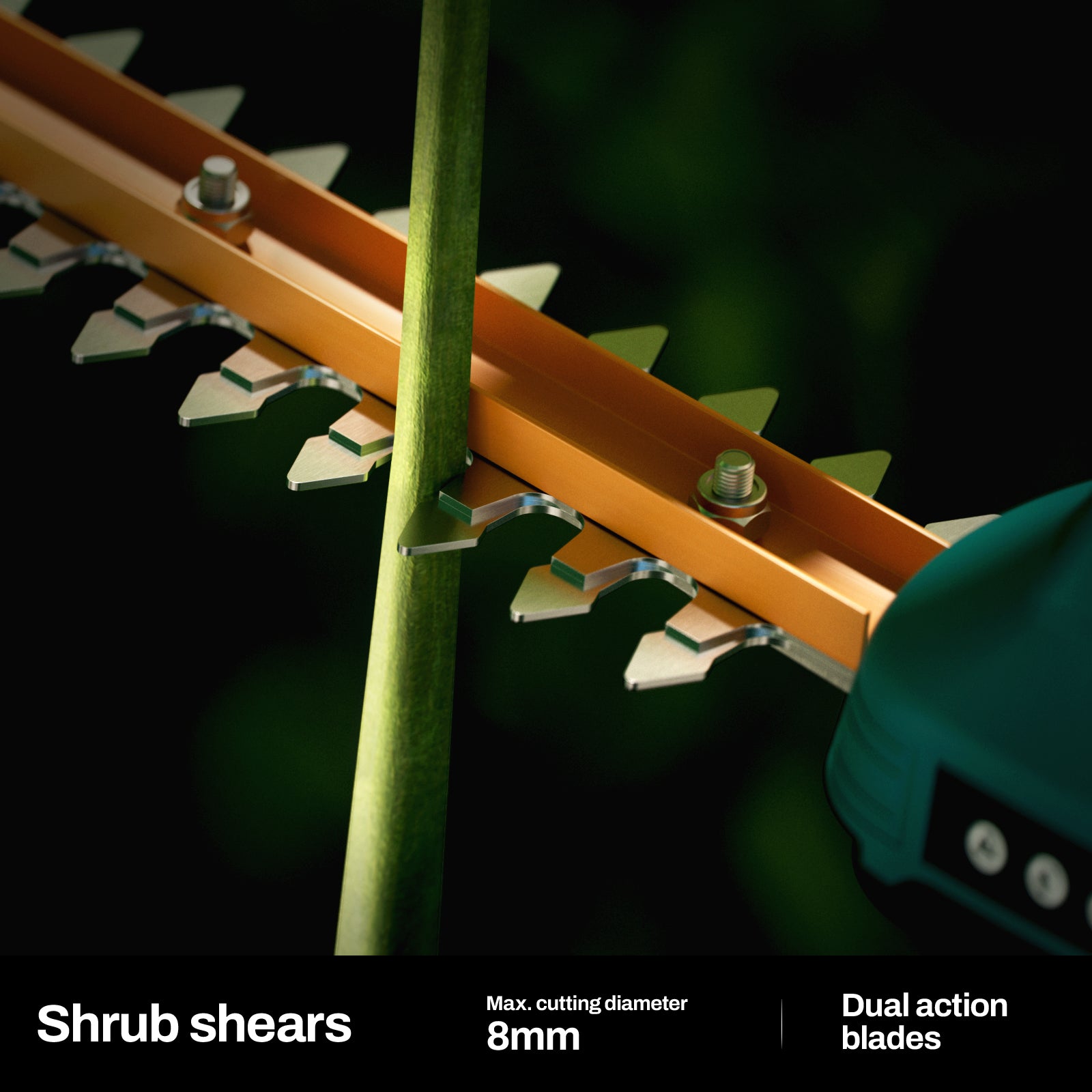 KIESBOHR cordless shrub shears with dual-action blades and 8mm max cutting diameter for precise trimming.