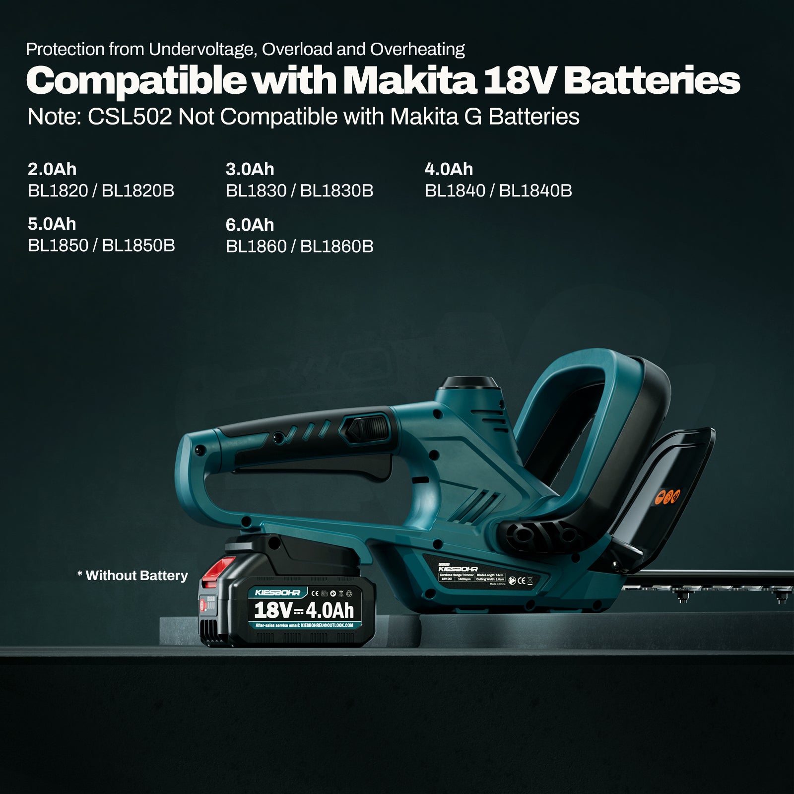 Protection from Undervoltage, Overload and Overheating, Compatible with Makita 18V Batteries.