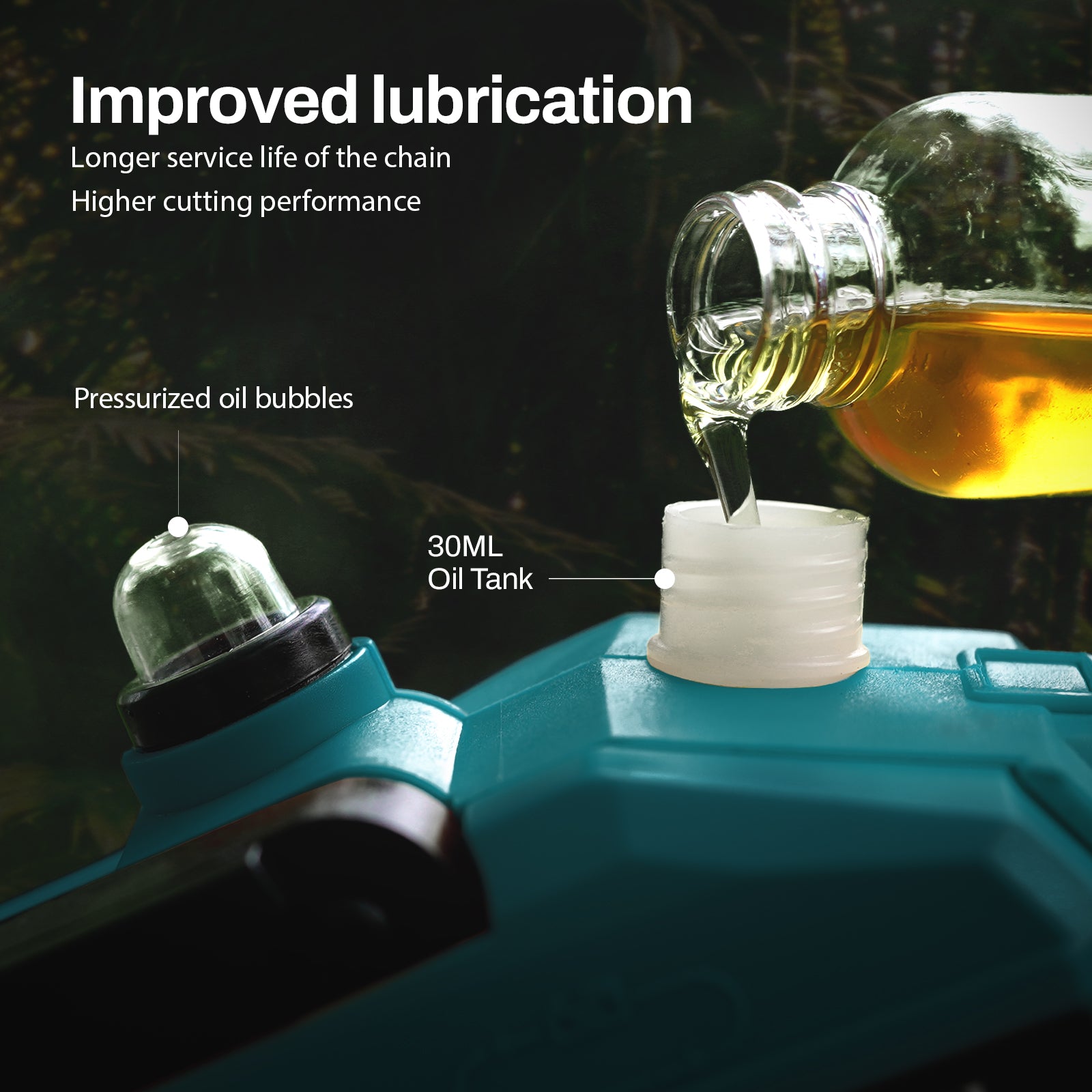 Improved lubrication, Longer service life of the chain, Higher cutting performance, Pressurized oil bubbles,30ML Oil Tank.