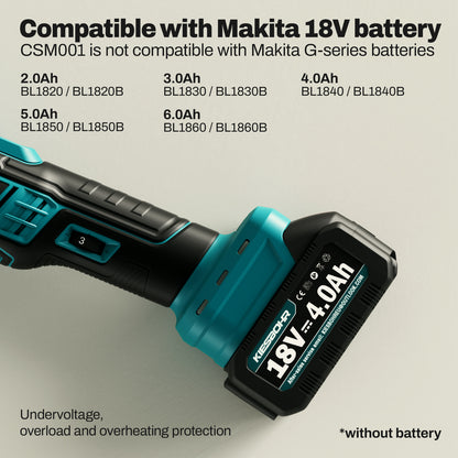 Compatible with Makita 18V battery, Undervoltage, overload and overheating protection.