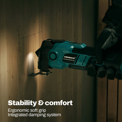 User holding KIESBOHR CSM001 oscillating tool with soft ergonomic grip and vibration-reducing damping system for enhanced control.