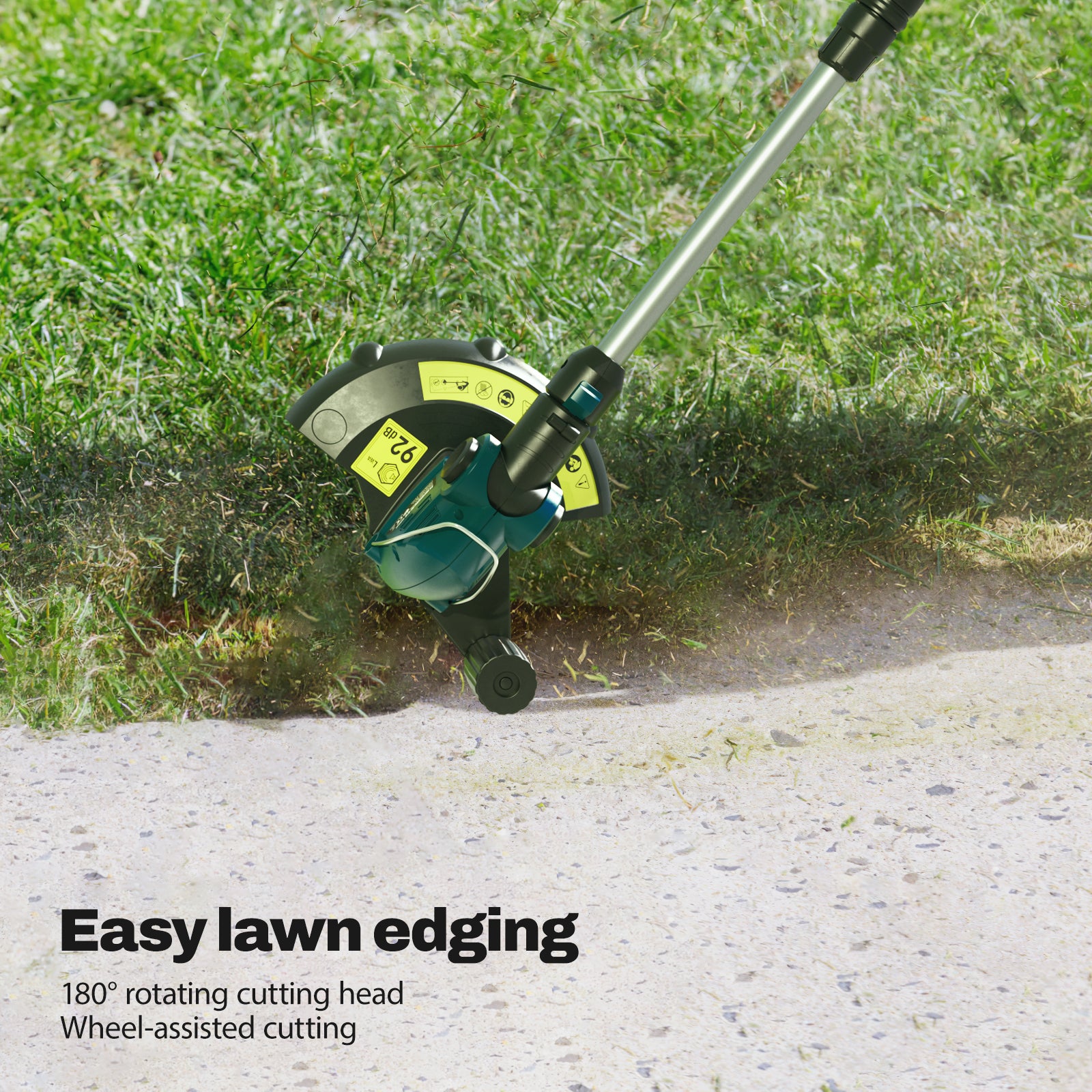Tilt adjustment button, Easy lawn edging,180° rotating cutting head, Wheel-assisted cutting.
